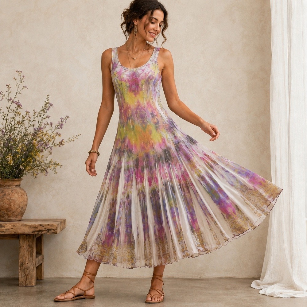 NWT One World Mesh Dress Womens Large Purple Yellow Abstract Lettuce Edge